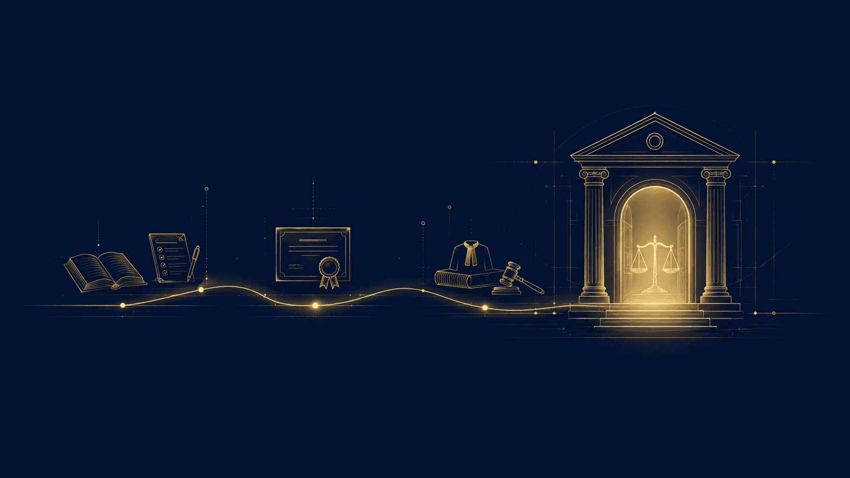 Illustration of a courthouse with the scales of justice, connected by a path of icons for study, notes, certification, and judiciary