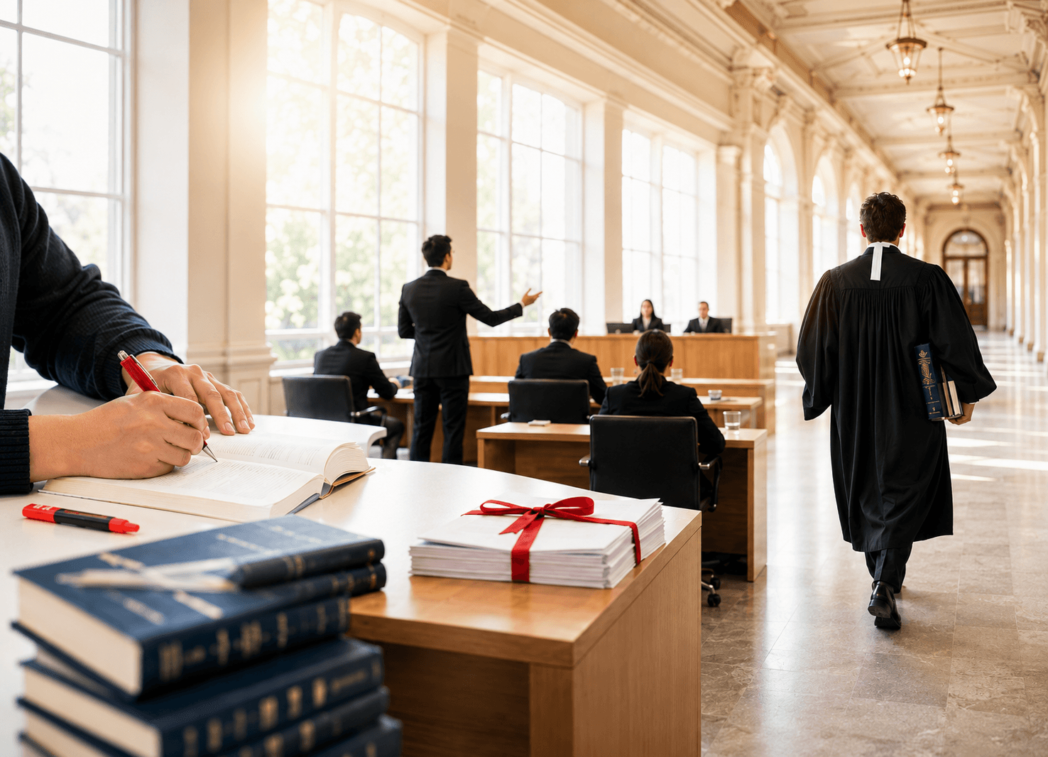 A lawyer in courtroom attire walking through a courthouse corridor, with advocates arguing before a bench in the background